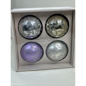 New Rachel Zoe Gold Purple Beaded Glitter Round Glass Christmas Ornaments 4 Pc